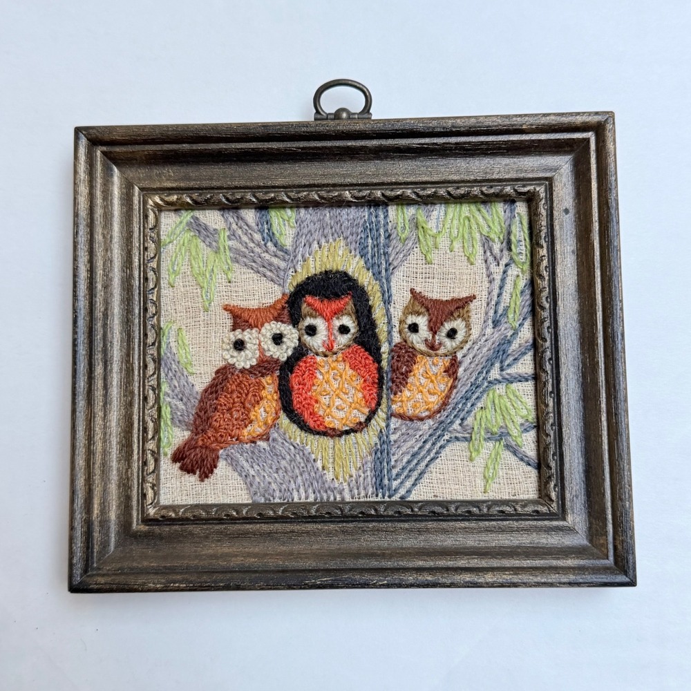 Vintage Framed Crewel Embroidery Owl Trio Wall Art Hand Stitched 70s Folk Art